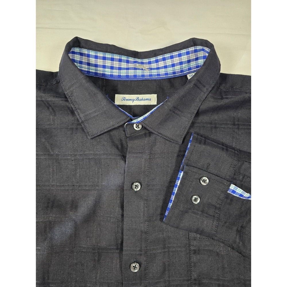 Tommy Bahama Mens XXL Black Linen Blend Long Sleeve Button Down Grid Shirt